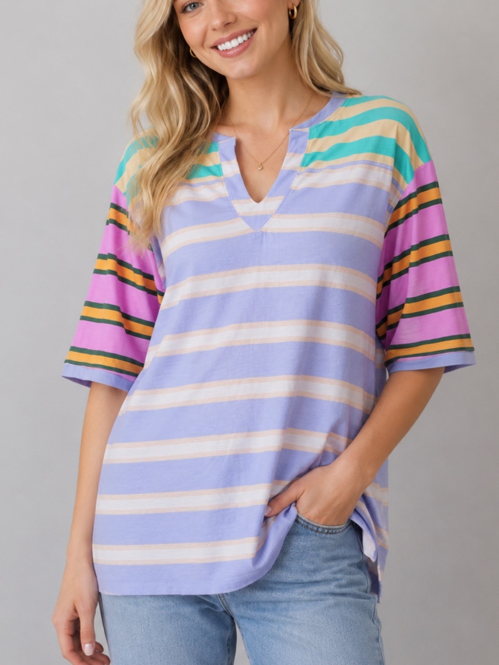 BDG Lavender Striped Short Sleeve Tee with Multicolor Sleeves